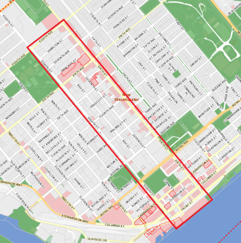 A map of New Westminster with a red rectangle drawn on it.